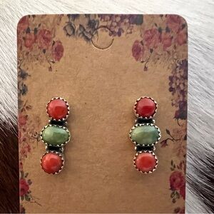 ❤️Italian Red Coral Emerald Valley Turquoise Navajo Style Post Back Earrings 925